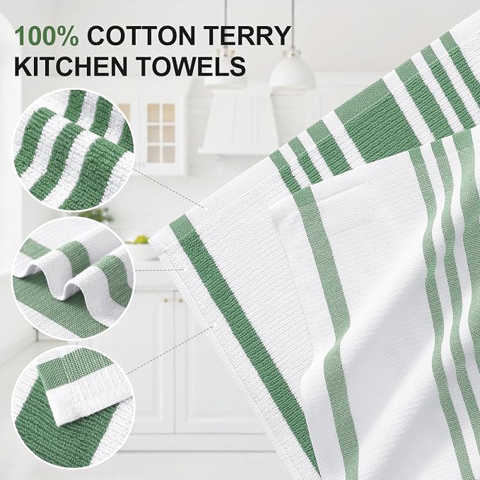 Homaxy Premium Cotton Stripe Kitchen Towels 6 Pack, 18"x 28", Grass Green | Large 380 GSM Kitchen Hand Towels, Soft Terry Dish Towels, Highly Absorbent Tea Towel Set with Hanging Loop - Image 2