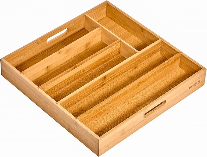 6 Compartments Bamboo Cutlery Holder Tray Kitchen Utensil Silverware Drawer Organizer Dividers with 2 Handles, Brown, Large, DS-5949 - Image 4