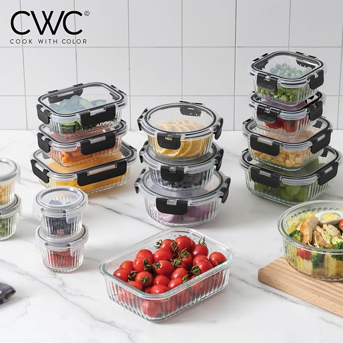 COOK WITH COLOR Premium 32-Pc. Borosilicate Glass Food Container Set with Dividers - 4 Rectangles, 8 Rounds, 4 Squares - Leakproof Lids - Meal Prep, Storage, Fluted Ombre Black - Image 6