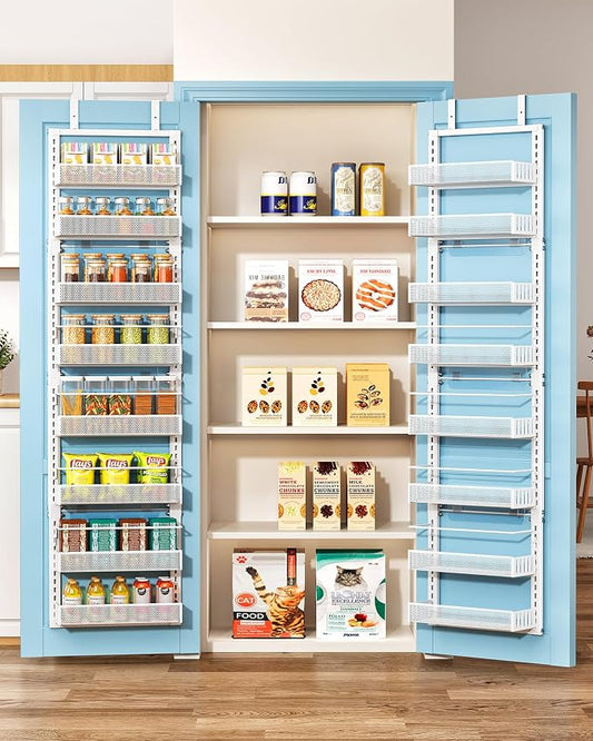 SNTD 8 Tiers Narrow Over the Door Organizer, 12.3"W x 4.7"D x 69"H, White | Pantry Door Organizers and Storage, Height Adjustable Spice Rack, Dense Mesh Baskets, Anti-Swing, Adjustable Door Fastener by SNTD
