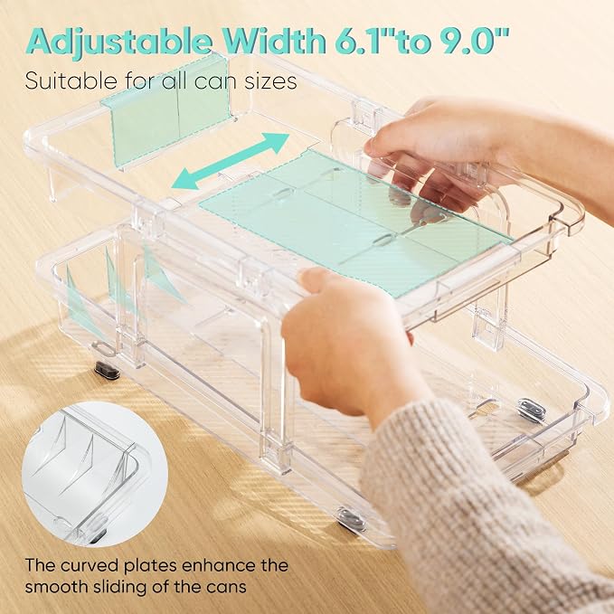 VUSIGN Expandable Soda Can Organizer 2 Pack, Adjustable Width Can Dispenser for Refrigerator 6.1''-9.38'' W, Drink Organizer for Fridge, Can Holder for Standard and Tall Can, Clear - Image 4