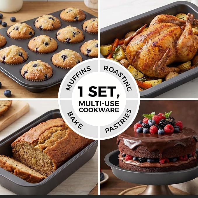 Non-Stick 6-Piece Bakeware Set – Carbon Steel with Even Heat Distribution, Oven Safe to 446°F, BPA-Free, Dishwasher Safe, Stackable Baking Tools for Easy Storage and Everyday Cooking - Gray - Image 5