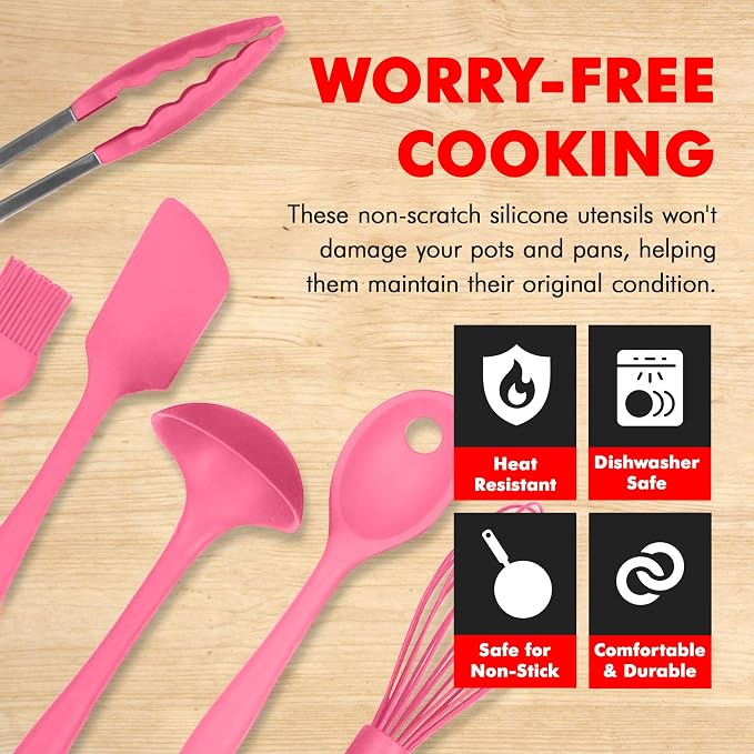 Chef Craft - Premium Silicone Kitchen Tools and Utensils Set, Non-Scratch, Withstands Temperatures up to 450°F, BPA-Free, 9 Piece Cooking Utensils Set, Pink - Image 3