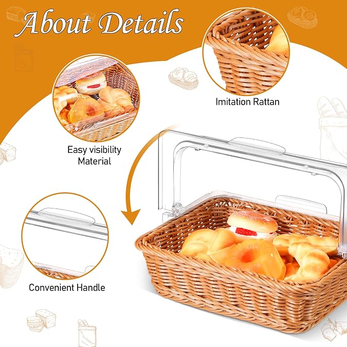 2 Set Wicker Bread Baskets for Serving with Clear Acrylic Roll Top Lid Woven Rattan Bread Basket Large for Fruit Food Picnic Summer Pool Party Outdoor BBQ(13.78 x 10.63 Inch,1 Compartment) - Image 3