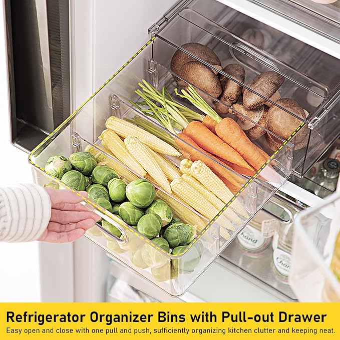 3 Pack Refrigerator Organizer Bins with Pull-out Drawer Stackable Clear Fridge Drawer Organizer Fruit Vegetable Storage Containers for Kitchen Pantry Organization (1 Large+2 Small) - Image 2