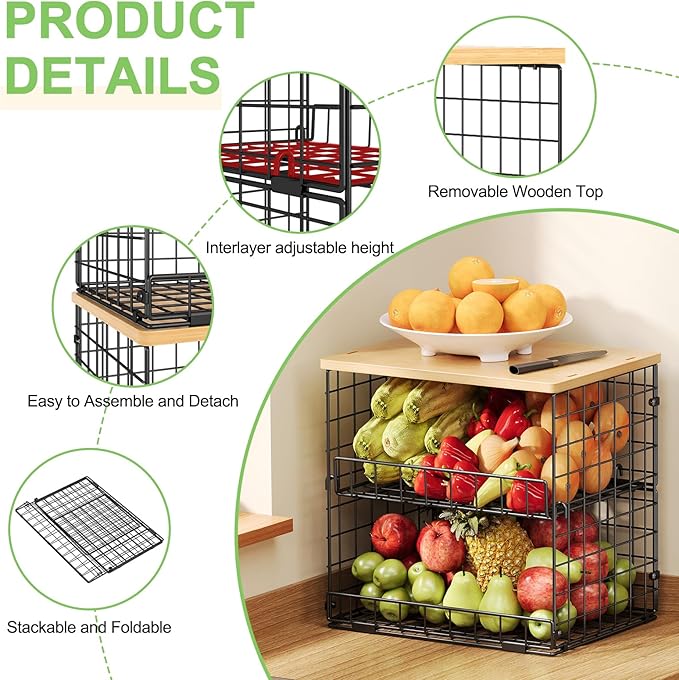 4 Pack Stackable Wire Baskets for Pantry Organizers and Storage, Pantry Baskets with Fixed Wooden Top, Fruit and Vegetable Storage Bins for Organizing Onion Potato Snack for Kitchen Cabinet/Countertop - Image 3