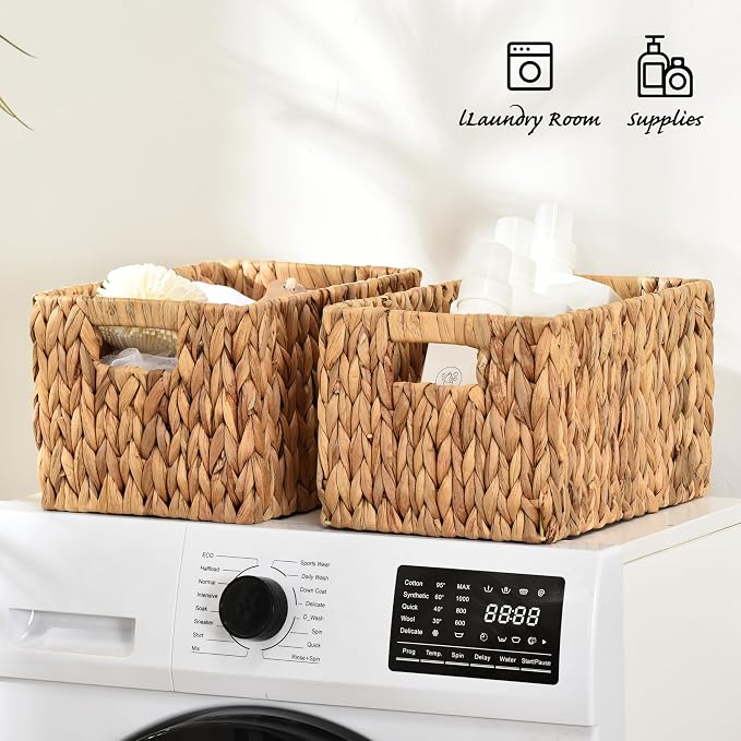 Water Hyacinth Rectangular Wicker Baskets, 12" Wicker Basket 2 Pack, Woven Storage Baskets with Handles - Image 6