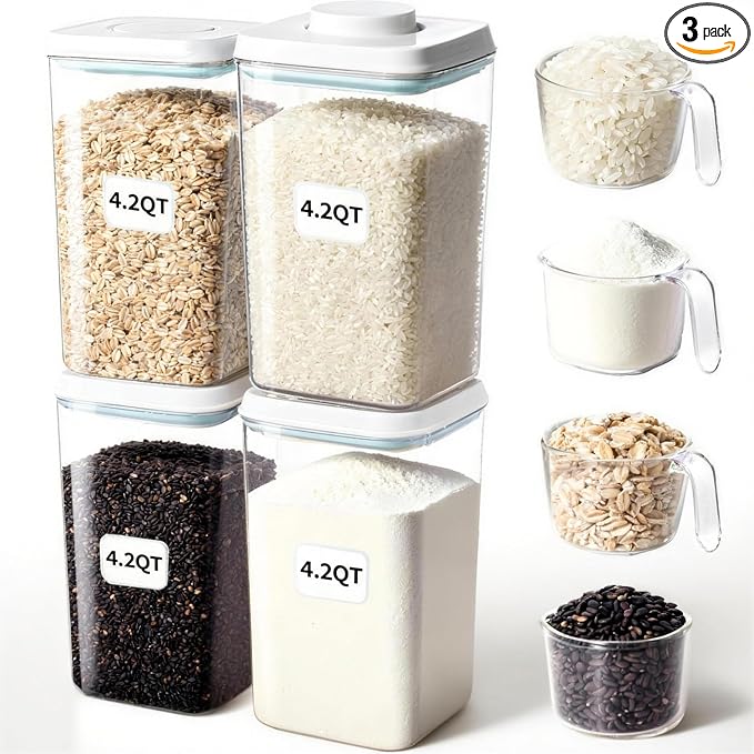 Pop Containers with Lids Stackable Food Storage Containers 4pcs | with 4pcs Measure Scoop Airtight Kitchen Pantry Organizers for Snack Candy Salt Herb Spices Pasta Cereal Flour Sugar BPA-Free by CozeyDaily