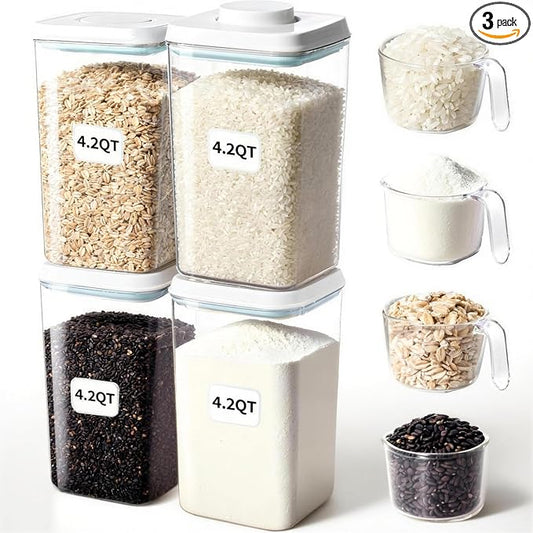 Pop Containers with Lids Stackable Food Storage Containers 4pcs | with 4pcs Measure Scoop Airtight Kitchen Pantry Organizers for Snack Candy Salt Herb Spices Pasta Cereal Flour Sugar BPA-Free by CozeyDaily