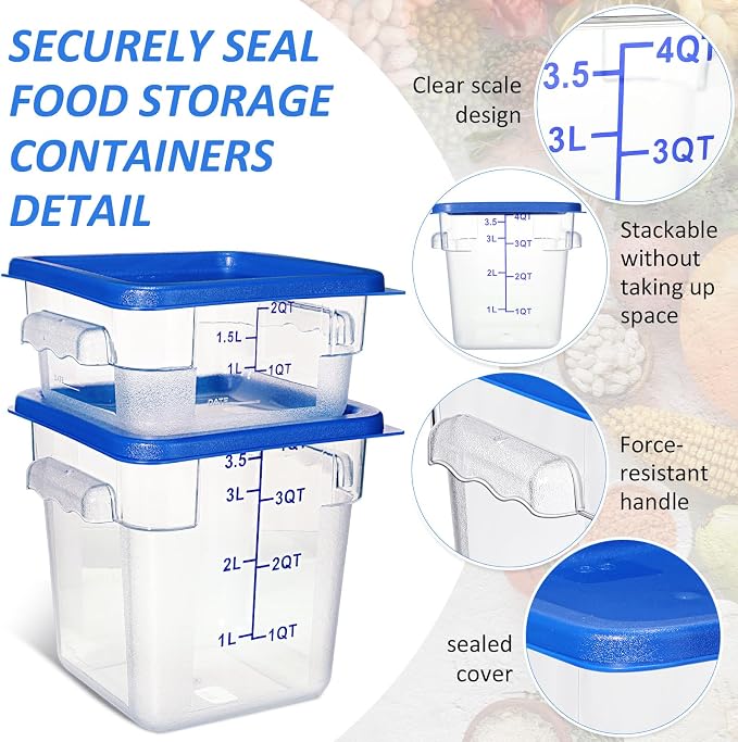 Yungyan 8 Pcs Restaurant Food Storage Containers with Lids Set 2Qt and 4Qt Commercial Restaurant Square Storage Containers Clear Food Cereal Container for Kitchen Freezer (Blue Lids) - Image 3
