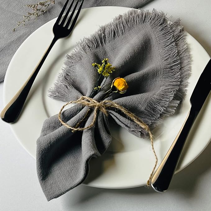 Handmade Cloth Napkins with Fringe,18 x 18 Inches Cotton Linen Napkins Set of 6 Versatile Handmade Square Rustic Fringe Napkins for Dinner, Wedding and Parties, Gray by Dololoo