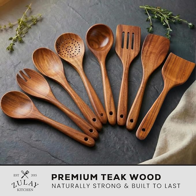 Zulay Kitchen Premium 8-Piece Wooden Spoons - Smooth Finish, Natural Teak Wood, Non-Stick, Handmade - Image 2