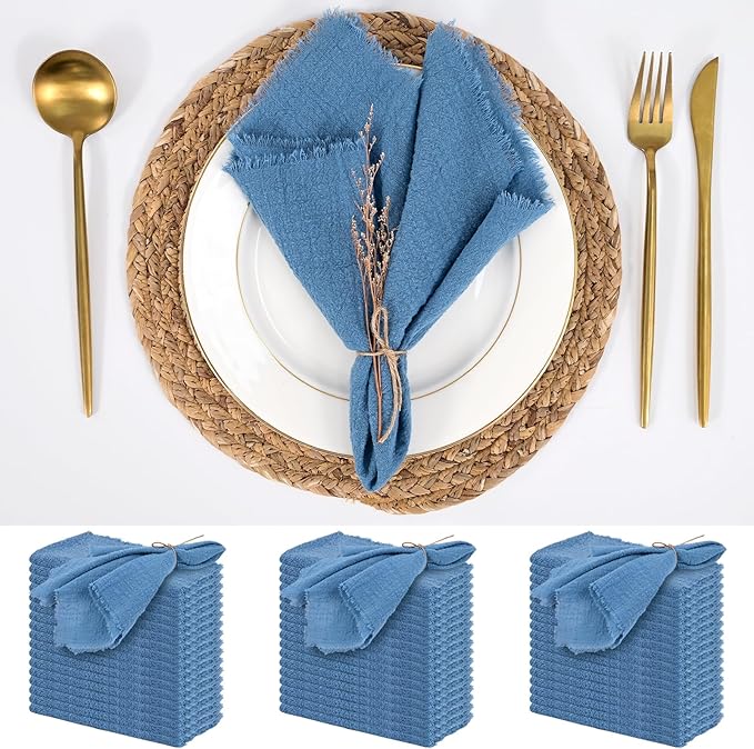 50 Pack Cyan Cloth Napkins, 16 x 16 Inch Cotton with Fringe Settings | Handmade washable reusable cotton dinner napkins in bulk for weddings, parties, rustic boho table settings by FXKS