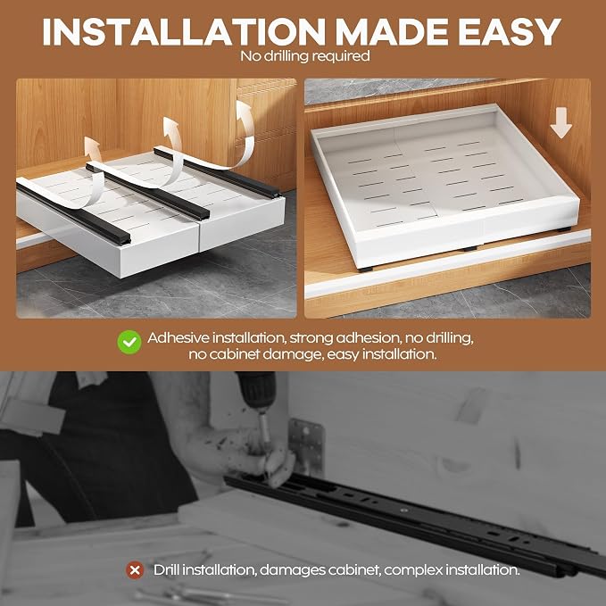 Seinloes 6Pack Expandable Pull Out Cabinet Organizer 21"Deep With Raising Pad for Framed Cabinets,Slide Out Drawers with 4pcs Divider Racks,Roll Out Shelves Adhesive,Adjustable Width 12.05"-20.4"White - Image 7
