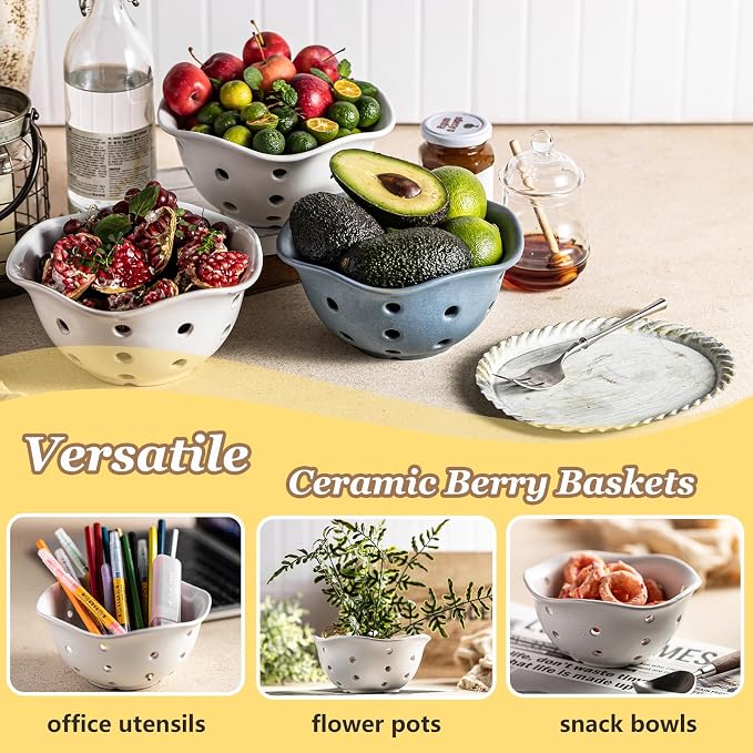 Gomakren Ceramic Berry Basket Set of 2, Rustic Fruit Basket Container 6 Inch, Fruit Bowl with Holes for Kitchen, Berries, Strawberry, Grape, Cherry, Floral Shape - Cream White - Image 7