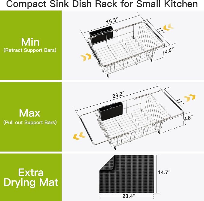 JASIWAY in Sink Dish Drying Rack with Mat, Cups and Utensil Holder | Use Over the Sink or Counter, Stainless Steel Expandable Dish Drainer for Small Kitchen, Space Saving, Fast Drain, Rustproof - Image 6