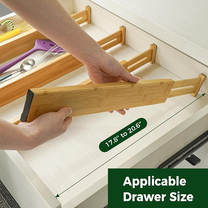Utoplike 4 Pcs Bamboo Kitchen Drawer Dividers, Large Drawers Organizers | Adjustable Spring Loaded Expandable Organization, Works in Dresser, Bathroom, Bedroom, Office, Fit 17.8"-20.6" Drawer, 2.4"H - Image 3