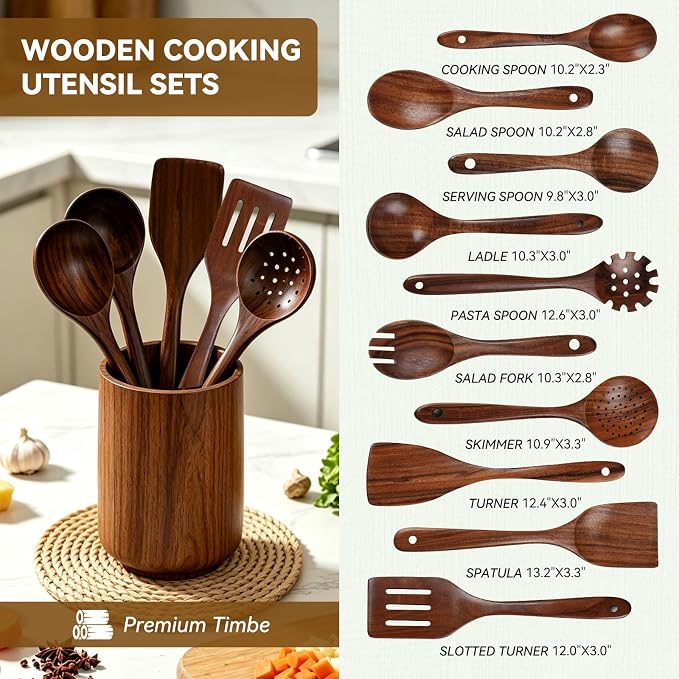 10PCS Wooden Utensil Set for Cooking, Non Toxic Wood Kitchen Utensils Set with Spatula & Wooden Spoons for Cooking, Dishwasher Safe Teak Wood Cooking Utensils for Non Stick Cookware - Image 2