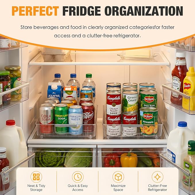2 Pack Profile Fridge Organizer Bins with Wheels, 2.3'' Low Clear PET Roll Out Refrigerator Trays with 4 Dividers for Soda Cans, Drinks, Snacks and Pantry - Image 4