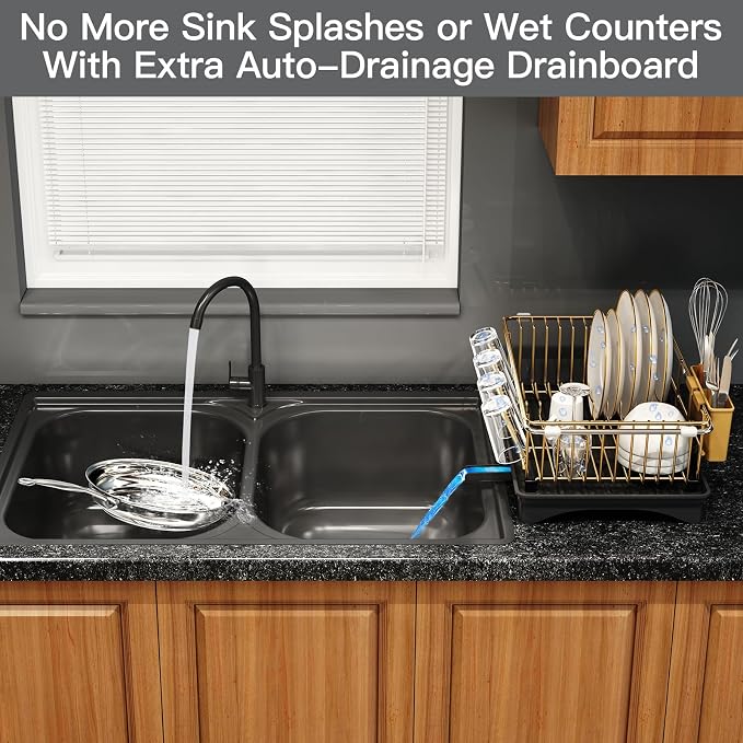 Gold Dish Drying Rack Over Sink with Utensil Holder, Drainboard | Expandable Stainless Steel Dish Drainer for Small Kitchen, Apartment, RV, Counter Space Saving, Perfect Fit, Rustproof - Image 5