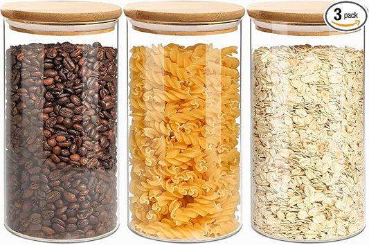 VIEWELLD 1.5 Qt Round Glass Storage Containers with Lids, Clear Food Storage Container Jar with Sealing Bamboo Lid for Noodles Flour Cereal Rice Sugar Tea Coffee Beans, Round Set of 3 by VIEWELLD