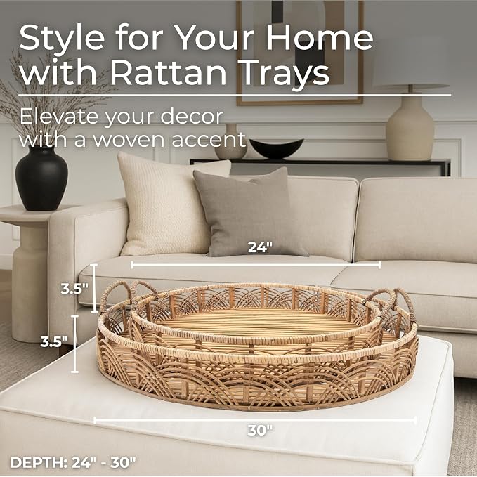 Set of 2 Handwoven Rattan Serving Trays with Handles – Round Bamboo Wood Tray for Office & Home Decor – Decorative Serving Tray Organizer for Living Room & Bedroom, Rustic Brown - Image 2