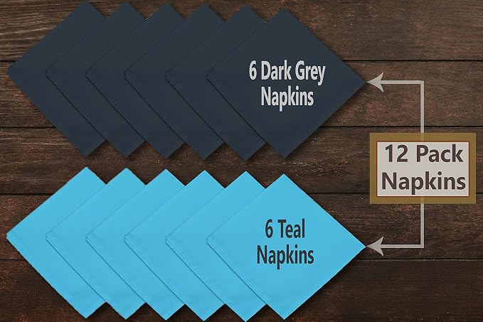 Ruvanti Cloth Napkins Set of 12, 18x18 Inches Napkin Cloth Washable, Soft, Durable, Absorbent Cotton Blend. Table Dinner-Napkin Cloth for Hotel, Lunch, Restaurant, Wedding Parties - Dark Grey & Teal - Image 2