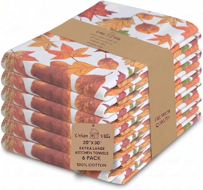 Urban Villa Kitchen Towels Cotton Dish Towels 20”x30”(Set of 6)Harvest Leaf by CottonTrends