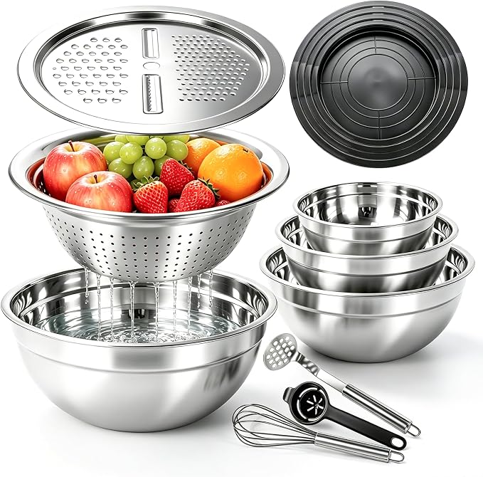 Stainless Steel Mixing Bowls with Lid and Colander Set | Size 6.3, 4.3, 3.6, 2.9QT,9Pcs Multipurpose Kitchen Metal Bowls with Grater,Colander,Egg Whisk,Separator for Baking Serving by YJSLICT