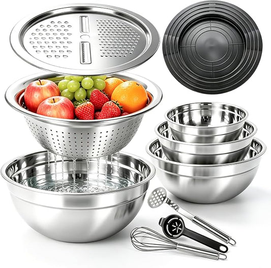 Stainless Steel Mixing Bowls with Lid and Colander Set | Size 6.3, 4.3, 3.6, 2.9QT,9Pcs Multipurpose Kitchen Metal Bowls with Grater,Colander,Egg Whisk,Separator for Baking Serving by YJSLICT