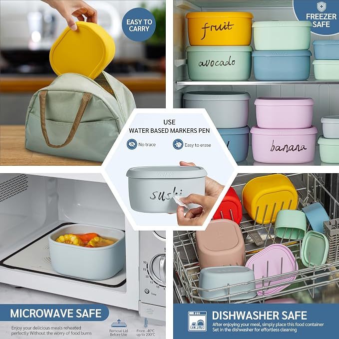 ISSEVE 12Pcs/Set Nesting Silicone Food Storage Containers with Lids | BPA-free, Reusable, Meal Prep Containers, Small Freezer Portions, Dishwasher Cleaning, Nested Cabinet Storage, 5 Sizes, Grey - Image 6