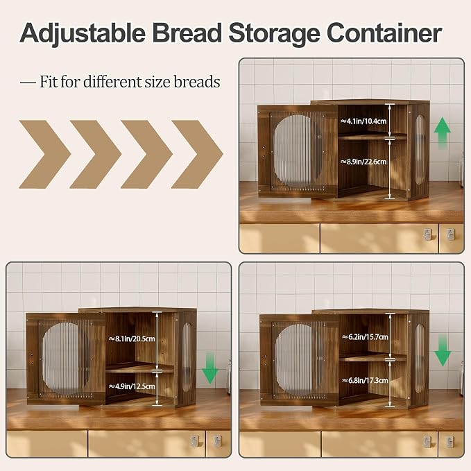 Alpeir Corner Bread Box for Kitchen Countertop, 3 Adjustable Height,Brown | Solid Pine Wood, Hold 2 Loaves, Strong Acrylic Window, Easily Care, Farmhouse Pantry Container for Home Baker, Family of 4 - Image 8