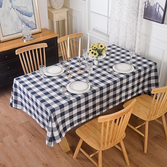 Cupuamon 2 Pack Waterproof Polyester Fabic Rectangle Checkered Tablecloth，60x120 Outdoor Table Cloth，Oil Stain Prevention Table Cloth for Pinics and Parties（Navy and White） by Cupuamon