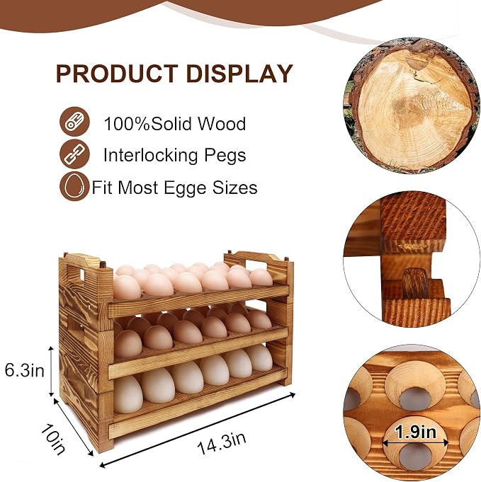 Wooden Egg Holder Countertop Fresh Egg Holders Firewood Egg Collecting Rack for Gathering Fresh eggs, Stackable with 54 eggs, Home Kitchen Organizer, Set of 3 PCS - Image 2