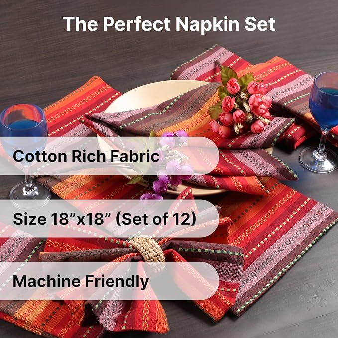 LFH Home Cotton Rich Cloth Salsa Napkin Set of 12 Valentine’s Day Romantic Red Washable Soft Durable Striped Table Napkins for Dining, Wedding, Daily Use, Reusable Eco-Friendly Fabric (18x18) - Image 3