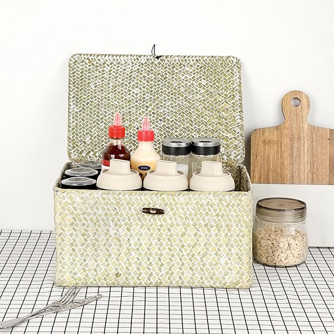 Hipiwe Wicker Shelf Baskets Bin with Lid, Large Seagrass Basket Storage Box | Handwoven Natural Baskets for Shelf Organizer, Rectangular Household Basket Boxes for Home Decor, Whitewash - Image 7