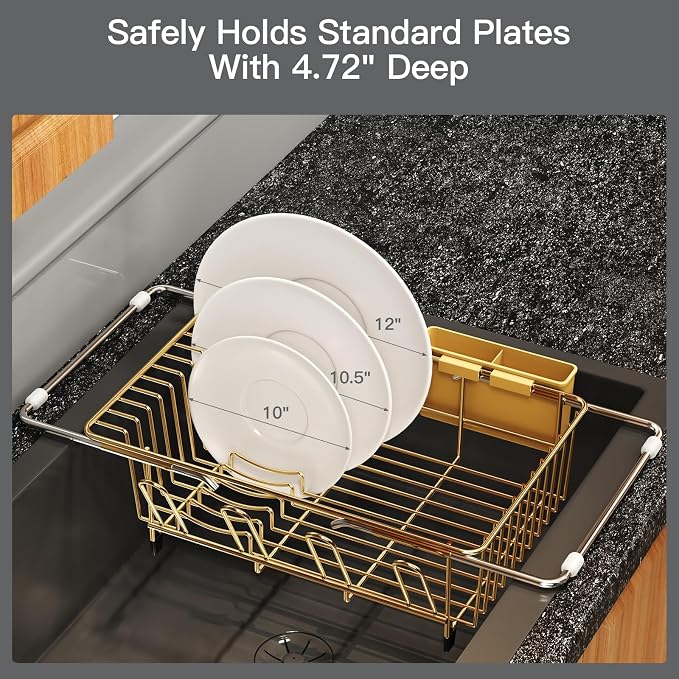 Gold Dish Drying Rack Over Sink with Utensil Holder, Drainboard | Expandable Stainless Steel Dish Drainer for Small Kitchen, Apartment, RV, Counter Space Saving, Perfect Fit, Rustproof - Image 8