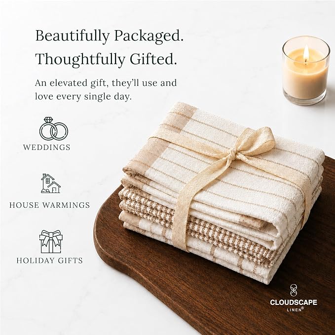 Cloud Scape Linen Premium Cotton Kitchen Towels Set - 6 Pack : Quick-Drying, Highly Absorbent, Durable, 18”x28”, Stripe Hand Towels with Hanging Loop, Dish Towel for Cleaning & Drying Dishes- Beige - Image 8