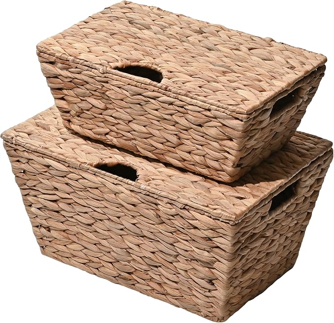 happimess Wilder Hyacinth Storage Baskets with Lids 16", Natural, Set of 2 | Farmhouse Style, Woven Wicker, Built-in Handles, Metal Frame Construction, Nesting For Easy Organization, Rectangular by Happimess