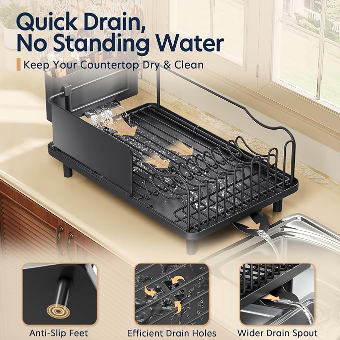 KINGRACK Dish Drying Rack for Kitchen Counter, Dish Drainer with Cup Holder | 16.9"L x 12.4" W Dish Rack with Spacious Drying Capacity, Quick Auto Dish Drainer for Plate Dish Dinnerware, Black - Image 4