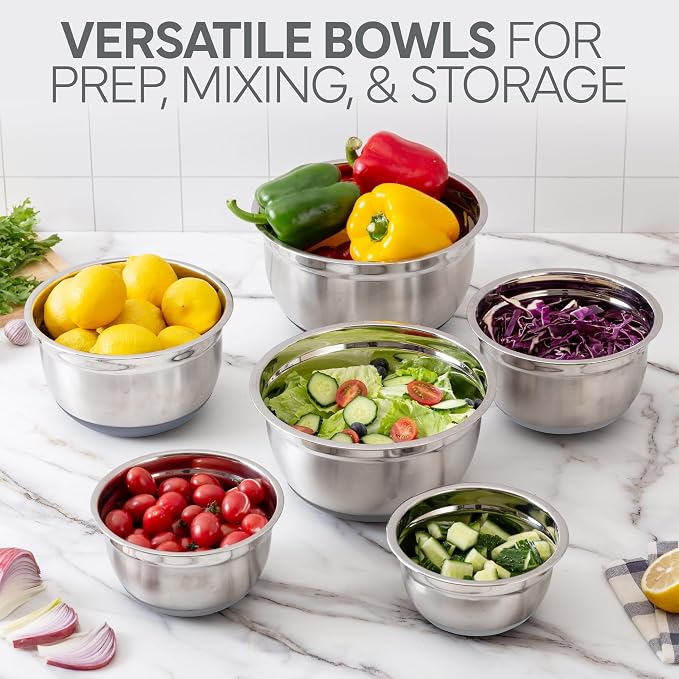COOK WITH COLOR Stainless Steel Mixing Bowls Set with Lids - Nesting Bowls with Non-Slip Bottom, Grey, 12 Pieces - Image 4