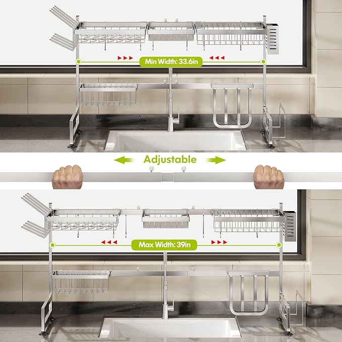 Over The Sink Dish Drying Rack with Cup and Utensil Holder | 2 Tier Stainless Steel,Expandable,Rust Proof Metal,Space Saving,Big Capacity Plate Drainer Above Kitchen Counter,Silver - Image 3