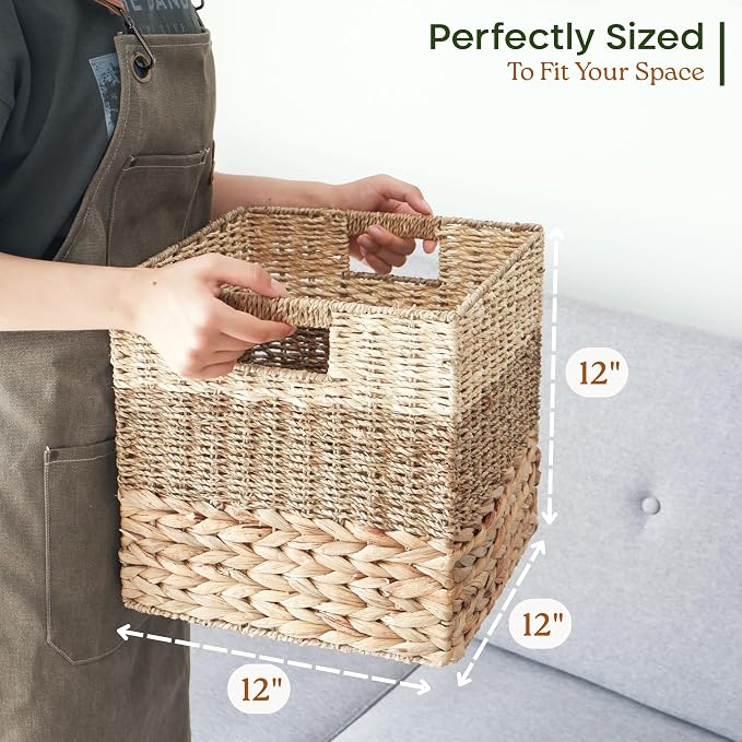 12x12 Baskets for Cube Storage, Wicker Cube Storage Bins Set 4 | 12x12x12 Storage Bins, Foldable Square Baskets For Cube Shelves, Kallax Woven Bins, Versatile Storage, Natural Water Hyacinth - Image 3
