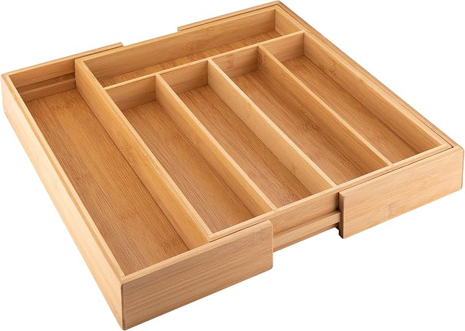 axentia Wood Cutlery Tray - Expandable Bamboo Cutlery Tray Utensil Organiser Flatware Drawer Insert & Divider - 5 to 7 Compartments - Extendable 31 to 48.5cm by axentia