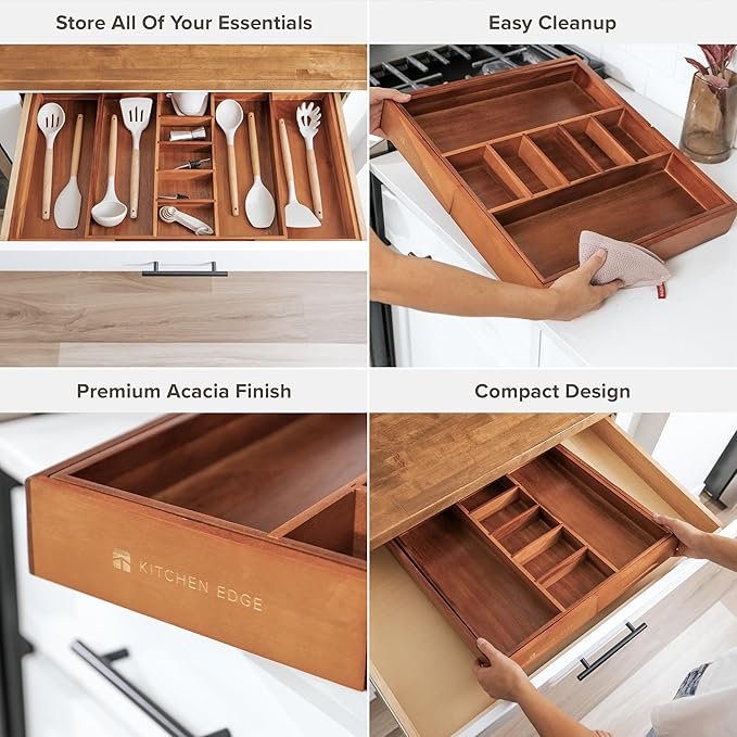 Utensil & Junk Drawer Organizer, 18.5-33 in, Acacia | Food-safe contract grade, 100% sustainable wood, non-slip, adjustable - Image 3