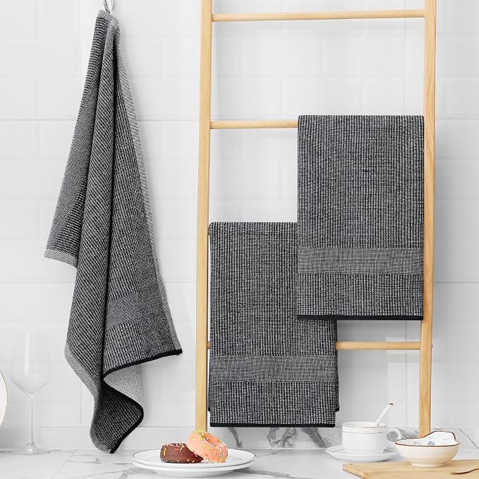 Homaxy 380 GSM Cotton Premium Kitchen Towels 12 Pack, 18"x 28", Black | Flat and Terry Dish Towels, Highly Absorbent Tea Towel Set with Hanging Loop, Soft Utility Kitchen Hand Towels - Image 6