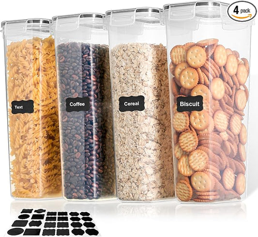 Cozary 2.8L Airtight Food Containers 4 Pieces, Plastic Food Containers with Label, BPA-Free, Airtight Food Storage Jars for Pasta, Cereals, Muesli, Flour by Cozary