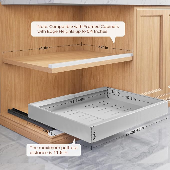 Seinloes 2 Pack Pull Out Cabinet Organizers 21"Deep With Raising Pad for Framed Cabinets,Expandable Slide Out Drawers Upgrade 3 Slide Rails,Roll Out Shelves Adhesive,Adjustable Width 12"-20.45" Silver - Image 4