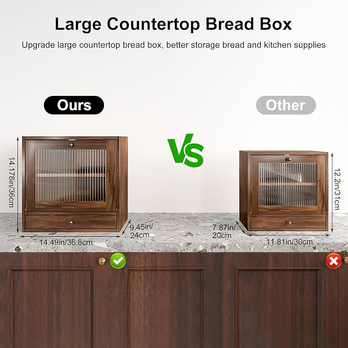 Alpeir Wooden Bread Box for Kitchen Countertop, Large Capacity with Ventilation Holes Adjustable Tiered-Shelf, Vintage Farmhouse Breadbox with Drawer & Window, Longer Freshness, Retro Brown - Image 3