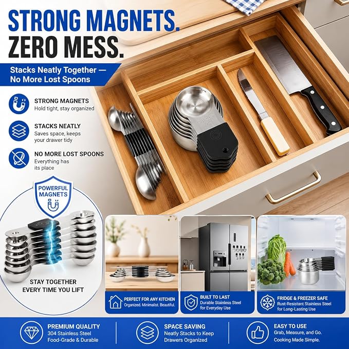 Magnetic Measuring Cups and Spoons Set, Strong N52 Magnets, Heavy Duty 304 Stainless Steel Fits in Spice Jars for Baking & Cooking, BPA Free, Round Set of 15 with Leveler Black - Image 5